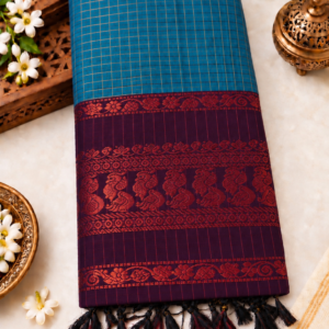 Checked Kalyani Cotton Saree - Teal Blue & Dark Purple