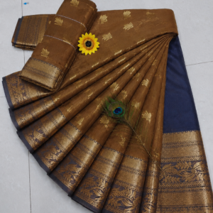 Coffee Brown with Navy Blue Gold Zari Border Kotta Cotton Saree