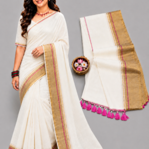 Off-White With Golden Zari & Pink Piping Border Mul Cotton Saree