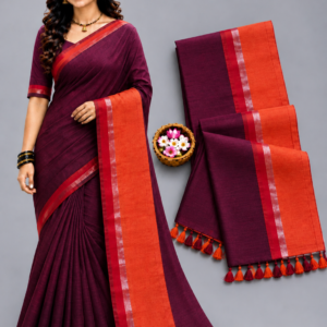 Deep Wine Purple With Contrast Orange Pallu Mul Cotton Saree