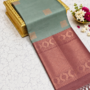 Kotanji Soft Silk Saree - Greyish Olive Green & Contrast Maroon Pallu