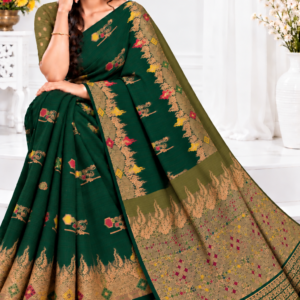 Party Wear Cotton Saree Bottle Green & Olive with Zari Weaving