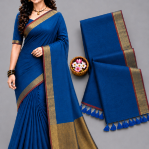 Royal Blue With Golden Zari Border Mul Cotton Saree