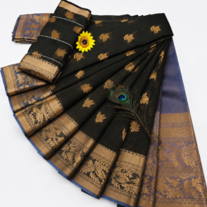 Black with Slate Blue Gold Zari Border Kotta Cotton Saree