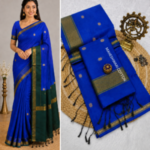 Royal Blue Maheshwari Cotton Saree With Zari Border
