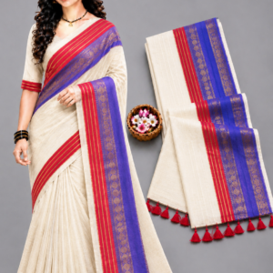 Off-White With Red & Royal Blue Zari Border Mul Cotton Saree