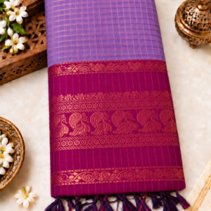 Checked Kalyani Cotton Saree β Lavender & Wine Purple with Zari Peacock Border