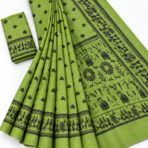 Olive Green Warli Tribal Print Saree with Contrast Black Border