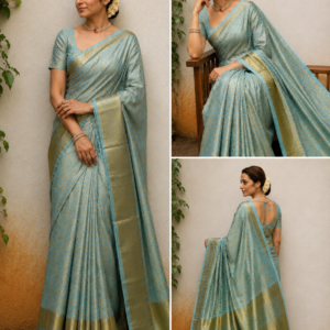 Trisha Mam Inspired Pastel Blue Banarasi Silk Saree with Gold Zari