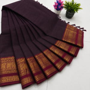 Kanchi Cotton Saree – Deep Purple with Maroon Zari Border