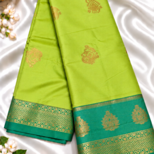 Parrot Green Soft Silk Saree with Contrast Emerald Green Zari Border