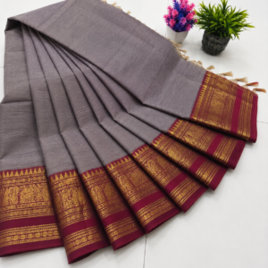 Kanchi Cotton Saree – Ash Grey with Maroon Zari Border