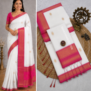 White & Pink Maheshwari Cotton Saree With Zari Border