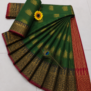 Emerald Green with Maroon Gold Zari Border Kotta Cotton Saree