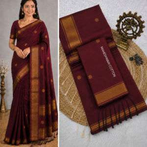 Deep Maroon Maheshwari Cotton Saree With Zari Border