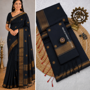 Black Maheshwari Cotton Saree With Zari Border