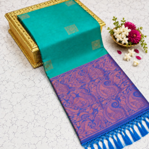 Kotanji Soft Silk Saree - Teal Green & Contrast Purple Pallu