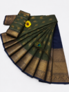 Olive Green with Navy Blue Gold Zari Border Kotta Cotton Saree