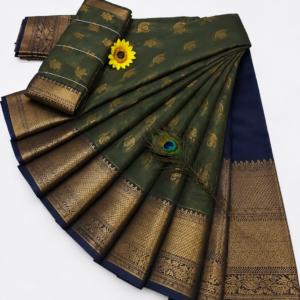 Olive Green with Navy Blue Gold Zari Border Kotta Cotton Saree