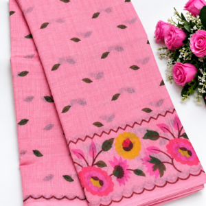 Pretty Baby Pink Linen Cotton Saree with Floral Border & Leaf Motifs