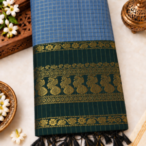 Checked Kalyani Cotton Saree – Steel Blue & Dark Bottle Green