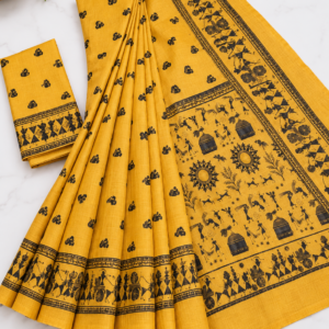 Mustard Yellow Warli Tribal Print Saree with Contrast Black Border