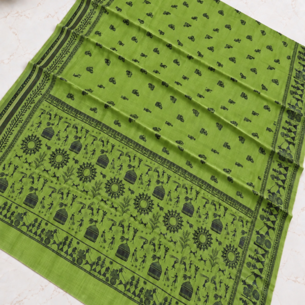 file_00000000fa4881fa8825d03345e110c5 Olive Green Warli Tribal Print Saree with Contrast Black Border