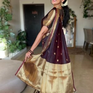 Trending Coffee Brown Banarasi Silk Saree with Antique Gold Zari Border & Floral Buttas