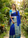 Trending Royal Blue Banaras Saree Semi Silk with Zari Striped Body & Traditional Floral Border