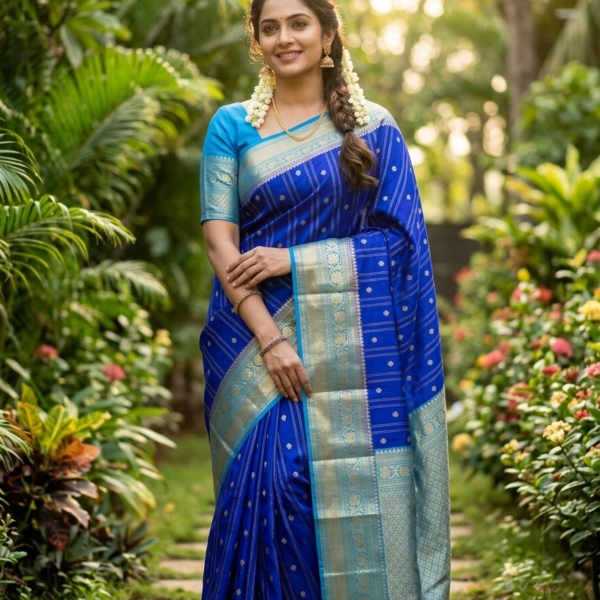 Trending Royal Blue Banaras Saree Semi Silk with Zari Striped Body & Traditional Floral Border