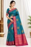 Teal Blue Vaira Oosi Pattu Saree with Magenta Pink Zari Border