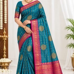 Teal Blue Vaira Oosi Pattu Saree with Magenta Pink Zari Border