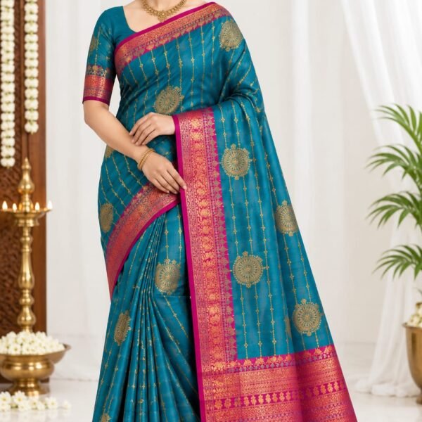 Teal Blue Vaira Oosi Pattu Saree with Magenta Pink Zari Border