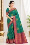 IMG-20261007-WA0054 Peacock Green Vaira Oosi Pattu Saree with Magenta Pink Zari Border