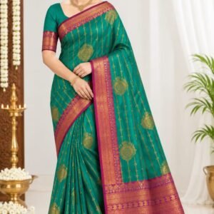 Peacock Green Vaira Oosi Pattu Saree with Magenta Pink Zari Border