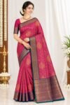 Magenta Pink Vaira Oosi Pattu Saree with Peacock Blue Zari Border