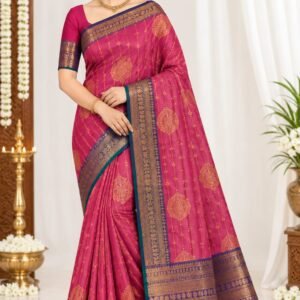 Magenta Pink Vaira Oosi Pattu Saree with Peacock Blue Zari Border