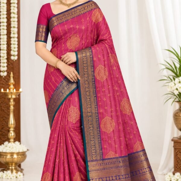 Magenta Pink Vaira Oosi Pattu Saree with Peacock Blue Zari Border