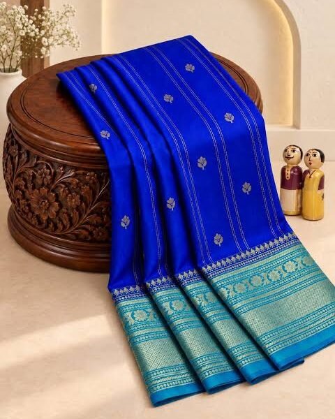 Trending Royal Blue Banaras Saree Semi Silk with Zari Striped Body & Traditional Floral Border