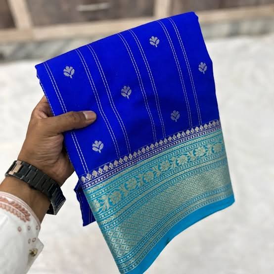 Trending Royal Blue Banaras Saree Semi Silk with Zari Striped Body & Traditional Floral Border