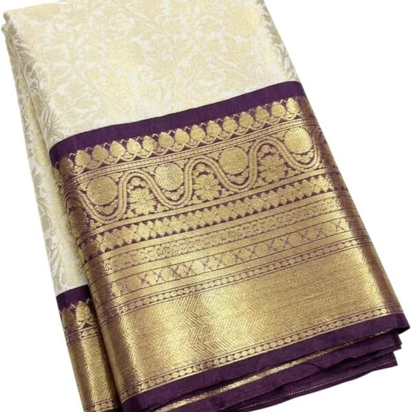 IMG-20261017-WA0092 Trending Cream & Royal Purple Border Banaras Soft Tissue Saree with Rich zari Woven Pallu