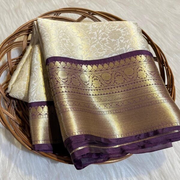 IMG-20261017-WA0093 Trending Cream & Royal Purple Border Banaras Soft Tissue Saree with Rich zari Woven Pallu