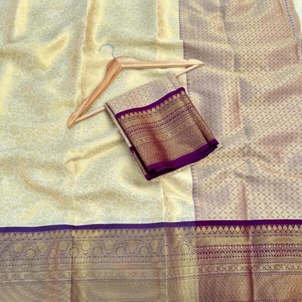 IMG-20261017-WA0096 Trending Cream & Royal Purple Border Banaras Soft Tissue Saree with Rich zari Woven Pallu