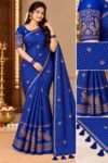 Elegant Royal Blue Georgette Grid Check Saree with Designer Peacock Blouse