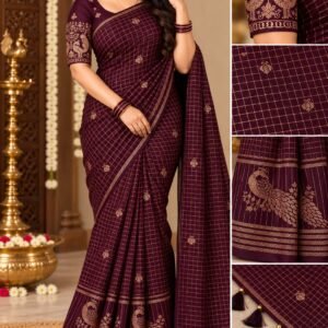 Elegant Georgette Maroon Grid Check Saree with Designer Work Blouse