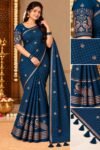 Elegant Peacock Blue Georgette Grid Check Saree with Designer Peacock Blouse