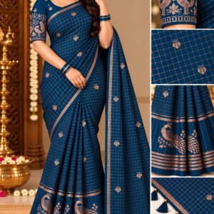 Elegant Peacock Blue Georgette Grid Check Saree with Designer Peacock Blouse