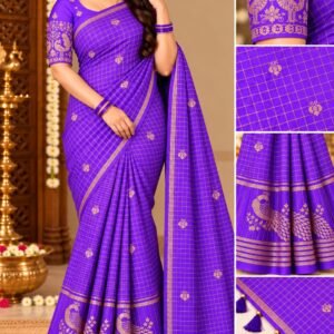 Elegant Violet Georgette Grid Check Saree with Designer Peacock Blouse
