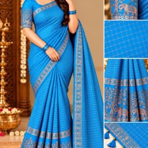 Elegant Sky Blue Georgette Grid Check Saree with Designer Elephant Blouse
