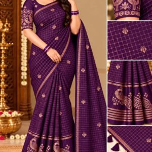 Elegant Dark Purple Georgette Grid Check Saree with Designer Peacock Blouse